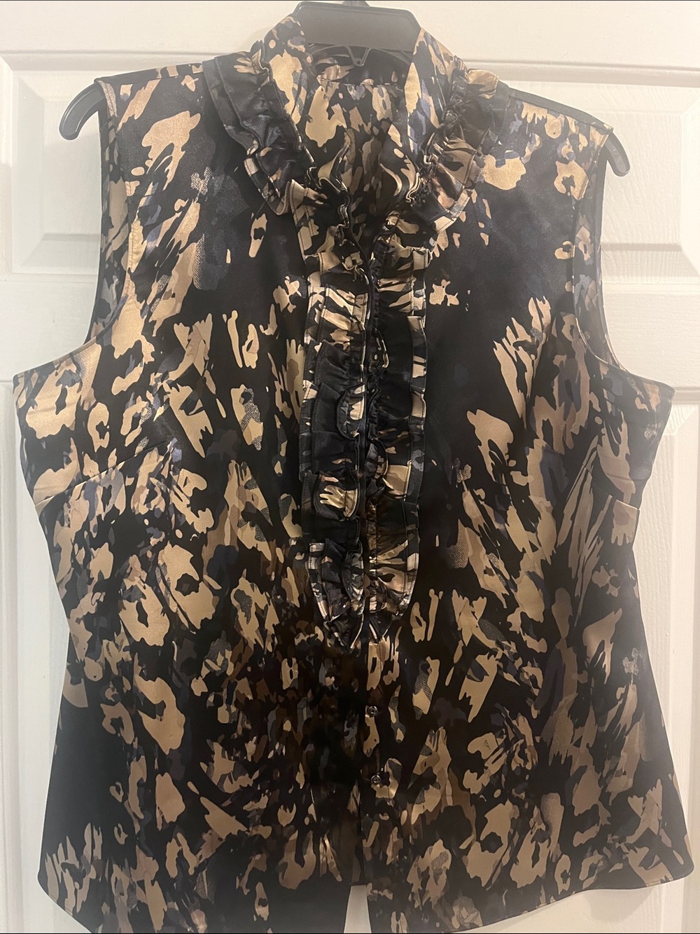Elie Tahari Black and Tan Ruffle Placket Sleeveless Blouse